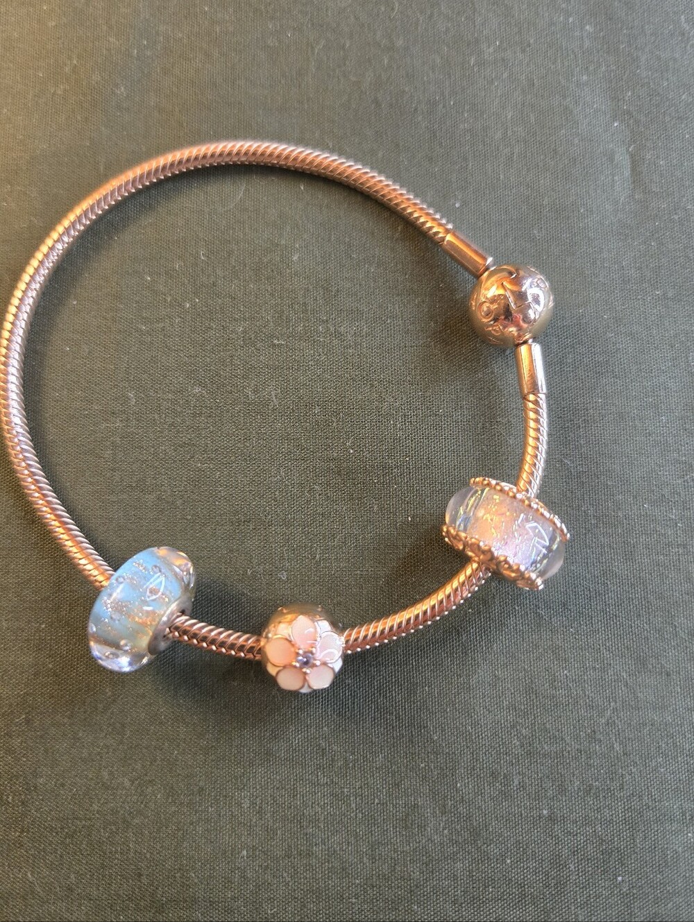 Pandora Rose Gold Charm Bracelet with Blue Glass and Pink Flower Charms